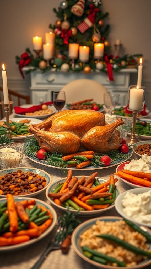 A festive Christmas dinner table with roast turkey, side dishes, and holiday decorations.